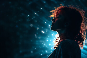 Girl with red hair in front of night sky and bright stars - Generative AI