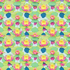 Seamless pattern with pink lotus flowers and leaves. Elegant floral wallpaper. Colorful design for textile, fabric, print, wrapping, wall art.