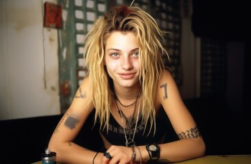Smiling blonde girl leaning on table looking at camera, punk, tattoos 