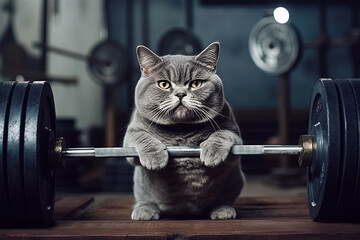 funny cat athlete lifts a barbell in gym during sports training. Generative AI illustration - obrazy, fototapety, plakaty