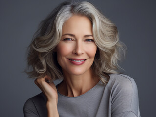 Fototapeta premium Beautiful smiling woman aged 50 model with natural makeup clean face beige warm background, isolated, anti aging care, natural beauty concept, cosmetology and wellness concept, png