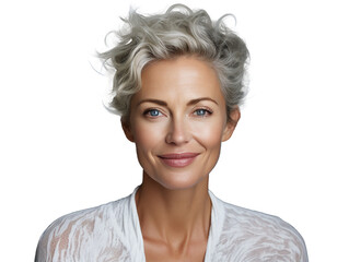 Beautiful smiling woman aged 50 model with natural makeup clean face beige warm background, isolated, anti aging care, natural beauty concept, cosmetology and wellness concept, png