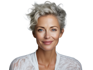 Beautiful smiling woman aged 50 model with natural makeup clean face beige warm background, isolated, anti aging care, natural beauty concept, cosmetology and wellness concept, png