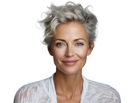 Beautiful smiling woman aged 50 model with natural makeup clean face beige warm background, isolated, anti aging care, natural beauty concept, cosmetology and wellness concept, png