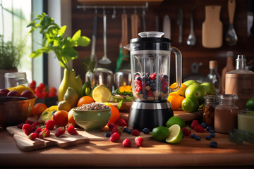 Blender with fruits inside naturally lit in a boho style. Scene on a wooden kitchen countertop.