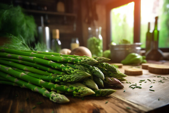 Asparagus naturally lit in a boho style. Scene on a wooden kitchen countertop.
