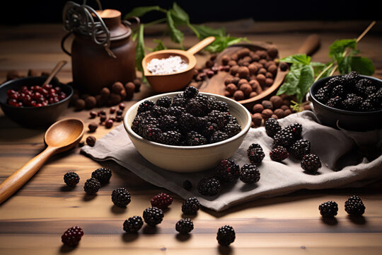 Blackberry naturally lit in a boho style. Scene on a wooden kitchen countertop.