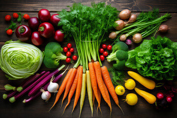 A variety of vegetables in many colors seen from above on a wooden kitchen counter. Naturally lit surroundings in boho style.