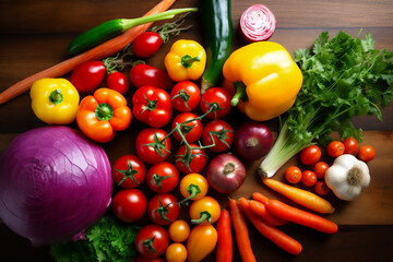 A variety of vegetables in many colors seen from above naturally lit in a boho style. Scene on a wooden kitchen countertop.