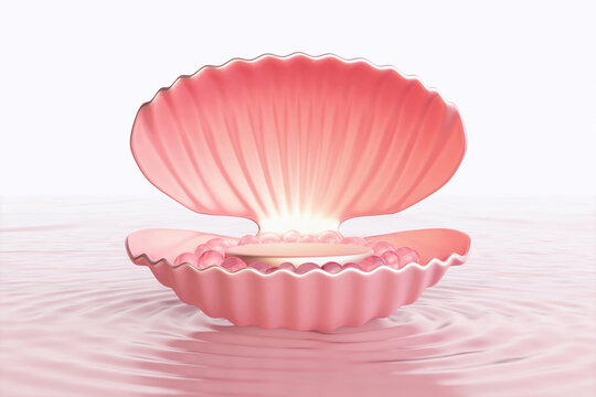 Pink gold mother of pearl shell platform and podium on water luxury elegant with pink pearls crystal balls pink background. Pedestal advertising display cosmetic, beauty products. 3D Illustration.