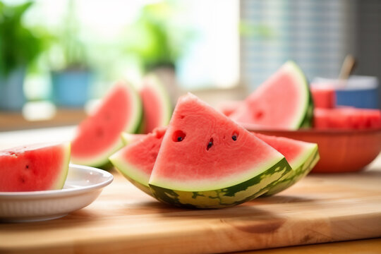 Watermelon on a wooden kitchen counter. Naturally lit surroundings in boho style.