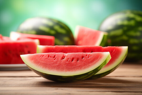 Watermelon on a wooden kitchen counter. Naturally lit surroundings in boho style.