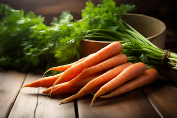 Carrots naturally lit in a boho style. Scene on a wooden kitchen countertop.