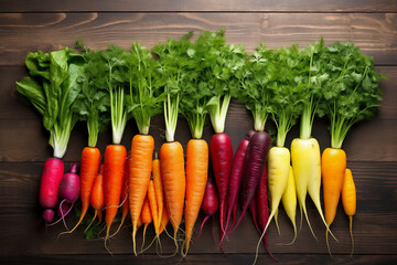 Different species of carrots in many colors seen from above naturally lit in a boho style. Scene on a wooden kitchen countertop.