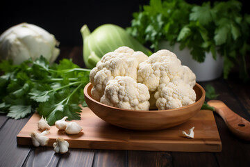 Cauliflowers on a wooden kitchen counter. Naturally lit surroundings in boho style.