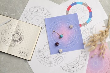 Natal chart for making forecast of fate and astrological items for fortune telling on light grey marble table, flat lay - obrazy, fototapety, plakaty