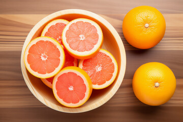 Fototapeta premium Grapefruit on a wooden kitchen counter. Naturally lit surroundings in boho style.