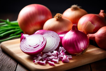 Onion on a wooden kitchen counter. Naturally lit surroundings in boho style.