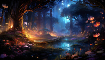 Mystical Glowing Floral Wonderland, A Magical Journey through the Enchanted Forest at Night