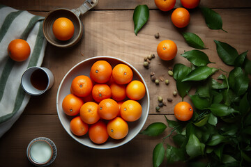 Oranges on a wooden kitchen counter. Naturally lit surroundings in boho style.