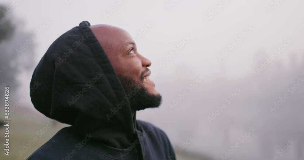 Sticker Happy black man, relax or nanture fog with smile in mist for winter weather, holiday or outdoor hiking adventure. African male person, thinking or enjoying morning weekend break in mysterious forest