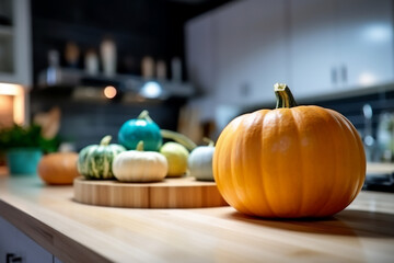 Pumpkin naturally lit in a boho style. Scene on a wooden kitchen countertop.