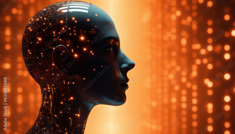 Wall mural abstract digital cyborg face. artificial intelligence concept. future head data network technology