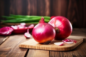 Red onion naturally lit in a boho style. Scene on a wooden kitchen countertop.