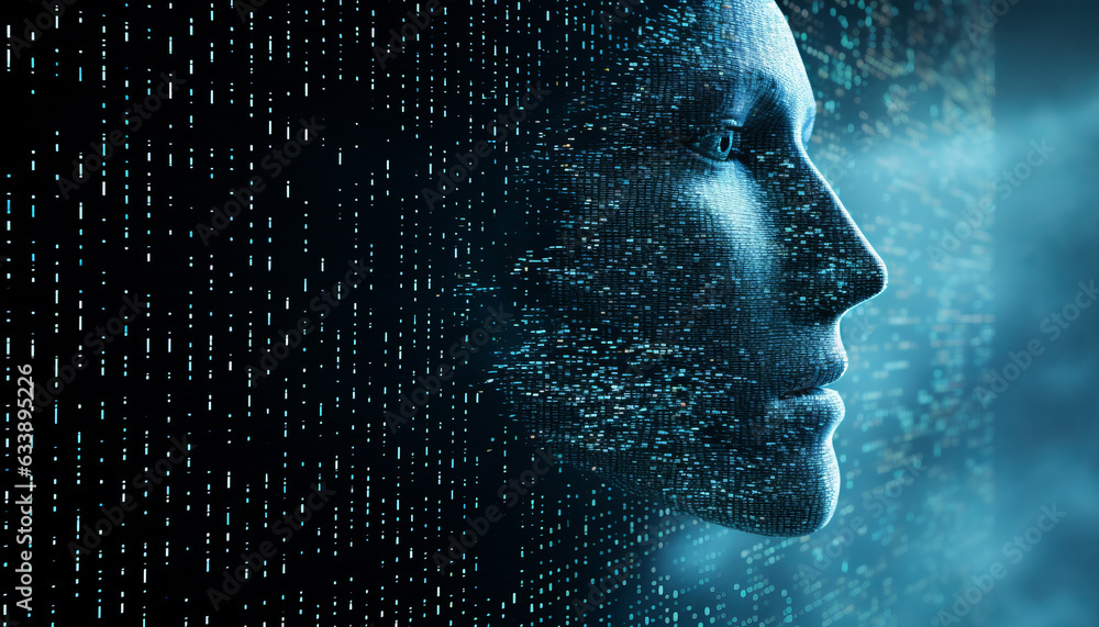 Wall mural abstract digital cyborg face. artificial intelligence concept. future head data network technology
