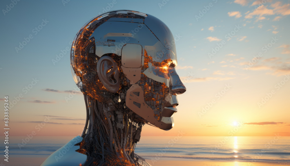 Wall mural abstract digital cyborg face. artificial intelligence concept. future head data network technology