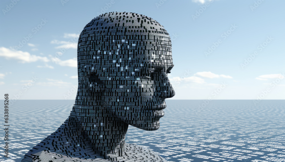 Wall mural abstract digital cyborg face. artificial intelligence concept. future head data network technology