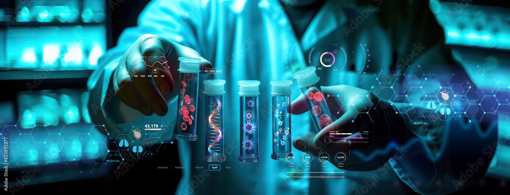 Wall mural scientist holding medical testing tubes or vials of medical pharmaceutical research with blood cells and virus cure using DNA genome sequencing biotechnology as wide banner hologram