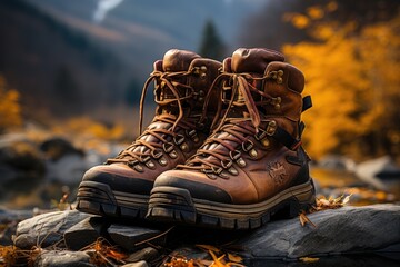 Mountain Symphony: Detailing Hiking Boots, Walking Sticks, or Backpacks Against a Trail's Landscape, Celebrating the Adventure's Essentials Beyond the Face Generative AI