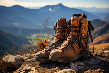 Treasures of the Trail: Close-up View of Hiking Boots, Walking Sticks, or Backpacks, Resting on a Mountain Path, Embodying the Gear that Ignites Journeys Generative AI