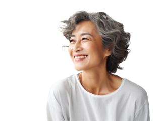 Portrait of a Smiling South East Asia Woman middle aged 50, aged 60 with natural makeup clean face, isolated, png, Canva