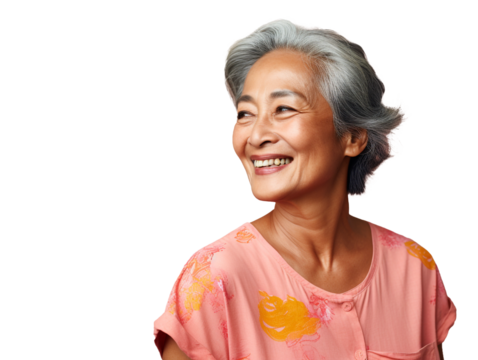 Portrait of a Smiling South East Asia Woman middle aged 50, aged 60 with natural makeup clean face, isolated, png