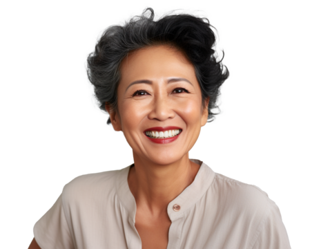 Portrait of a Smiling South East Asia Woman middle aged 50, aged 60 with natural makeup clean face, isolated, png, Canva