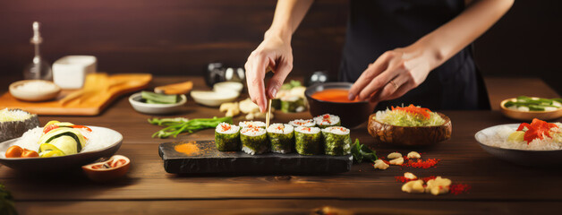 professional chef hands preparing Sushi maki rolls and arrange and decorate it as a wide banner with copy space area for fine dining in Chinese or Japanese restaurant concepts