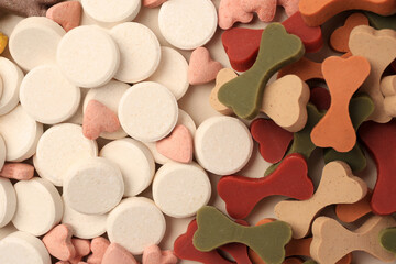 Many different vitamins for pets as background, top view