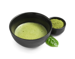 Cup of fresh matcha tea and green powder isolated on white