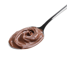 Spoon with delicious chocolate paste isolated on white