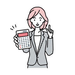 立って電卓を持ってこちらに向けて見せているスーツの女性