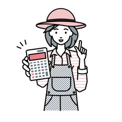 立って電卓を持ってこちらに向けて見せている農家の女性