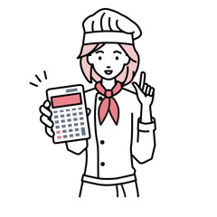 立って電卓を持ってこちらに向けて見せている調理師の女性