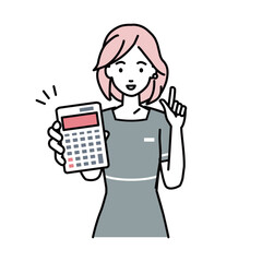 立って電卓を持ってこちらに向けて見せているエステ店員・受付・接客係の女性