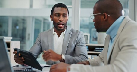 Tablet, business collaboration and black people consulting, teamwork and human resources review employee policy. Corporate team, communication and African HR manager talking about company ethics - Powered by Adobe