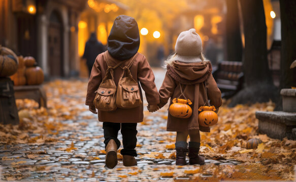 Children holding hands walking on Thanksgiving Day. Generative AI