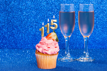 Cupcake With Numbers And Glasses With Wine For Birthday Or Anniversary