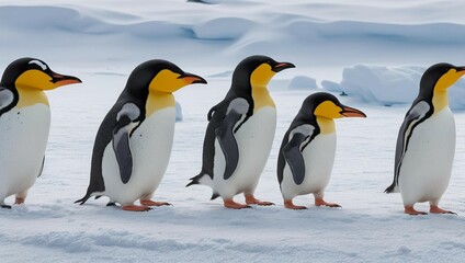 a group of penguins walking in the snow