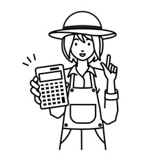 a farmer woman recommending, proposing, showing estimates and pointing a calculator with a smile